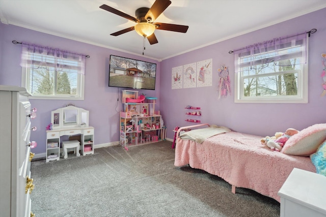 739 Gasper St, Chesaning, MI 48616 - bedroom featuring crown molding, baseboards, a ceiling fan, and carpet