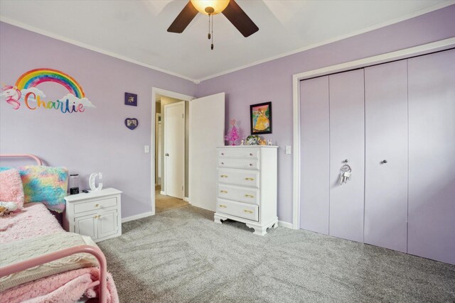739 Gasper St, Chesaning, MI 48616 - bedroom with a closet, baseboards, a ceiling fan, crown molding, and light carpet