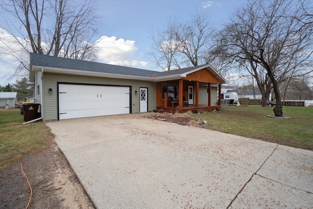 739 Gasper St, Chesaning, MI 48616 - view of front facade featuring concrete driveway, an attached garage, a front lawn, and covered porch