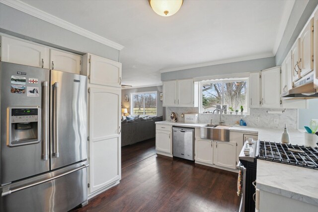739 Gasper St, Chesaning, MI 48616 - kitchen featuring dark wood finished floors, white cabinetry, ornamental molding, and appliances with stainless steel finishes