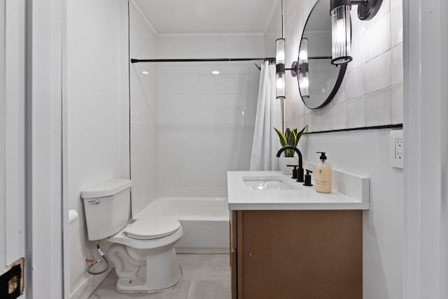 1651 Edison St, Detroit, MI 48206 - bathroom featuring toilet, crown molding, shower / bathtub combination with curtain, and vanity