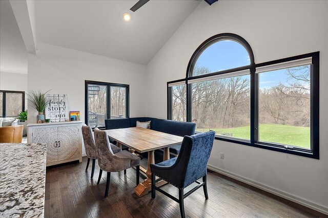 1194 Eagle Nest, Milford, MI 48381 - dining room with high vaulted ceiling, dark wood-style floors, and baseboards