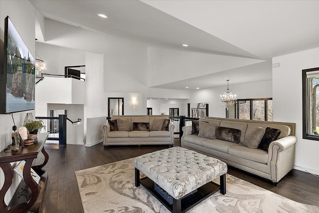 1194 Eagle Nest, Milford, MI 48381 - living room featuring a chandelier, wood-type flooring, recessed lighting, baseboards, and high vaulted ceiling