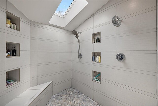 1194 Eagle Nest, Milford, MI 48381 - bathroom with a skylight, tiled shower, and lofted ceiling