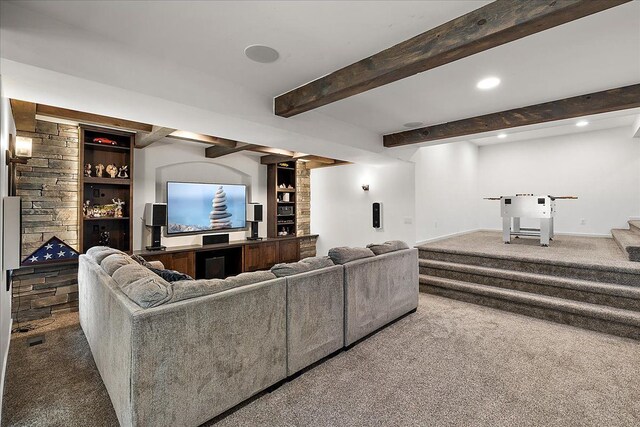 1194 Eagle Nest, Milford, MI 48381 - living area with carpet floors, stairs, beamed ceiling, recessed lighting, and baseboards
