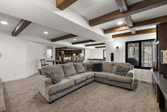 1194 Eagle Nest, Milford, MI 48381 - carpeted living room featuring beamed ceiling, baseboards, recessed lighting, and bar