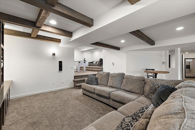 1194 Eagle Nest, Milford, MI 48381 - living area with beamed ceiling, recessed lighting, baseboards, carpet flooring, and coffered ceiling