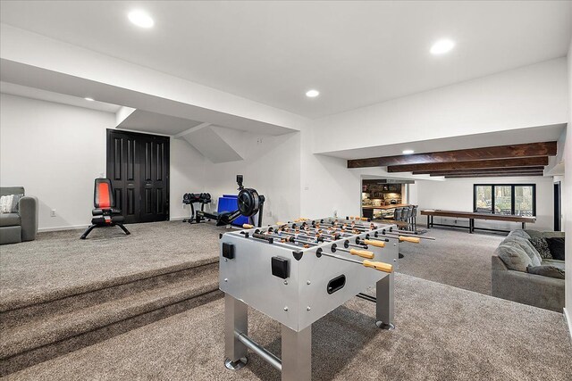 1194 Eagle Nest, Milford, MI 48381 - playroom with carpet flooring, recessed lighting, baseboards, and beamed ceiling