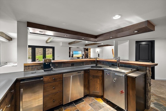 1194 Eagle Nest, Milford, MI 48381 - kitchen featuring stainless steel dishwasher, stone finish floors, recessed lighting, dark brown cabinets, and beam ceiling