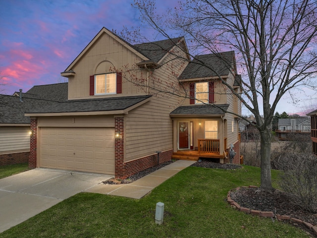 31052 Silverdale Dr, Novi, MI 48377 - view of front facade featuring concrete driveway, brick siding, a garage, a yard, and a shingled roof