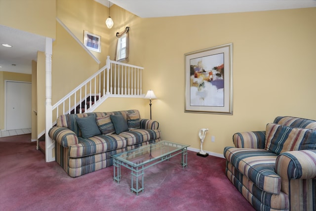 31052 Silverdale Dr, Novi, MI 48377 - living area with baseboards, vaulted ceiling, recessed lighting, stairway, and carpet