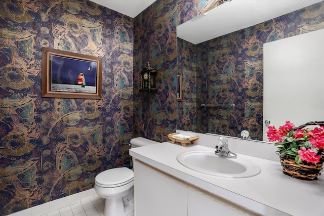 31052 Silverdale Dr, Novi, MI 48377 - half bathroom with vanity, toilet, tile patterned flooring, and wallpapered walls