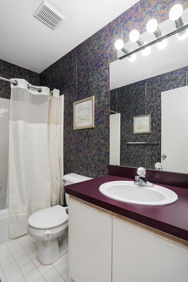 31052 Silverdale Dr, Novi, MI 48377 - full bath featuring vanity, tile patterned flooring, visible vents, shower / tub combo, and wallpapered walls