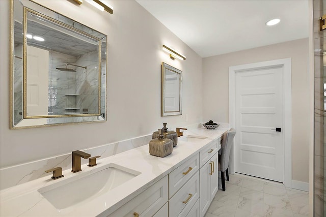 bathroom featuring a sink, walk in shower, double vanity, and marble finish floor