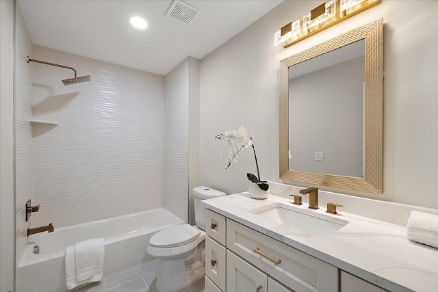 bathroom with visible vents, toilet, vanity, shower / bath combination, and tile patterned floors