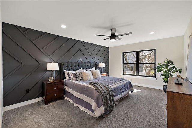 carpeted bedroom with recessed lighting, visible vents, baseboards, and a ceiling fan