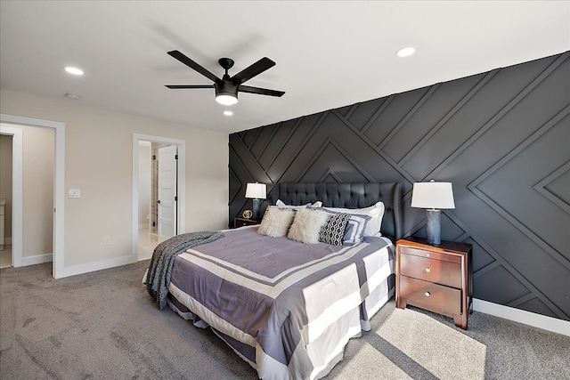 bedroom featuring recessed lighting, carpet flooring, and baseboards