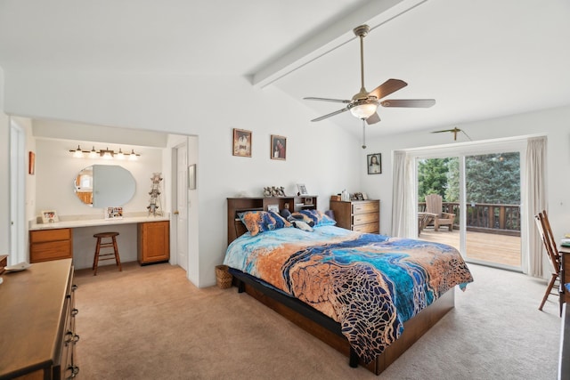 bedroom with light carpet, ensuite bathroom, access to exterior, and lofted ceiling with beams