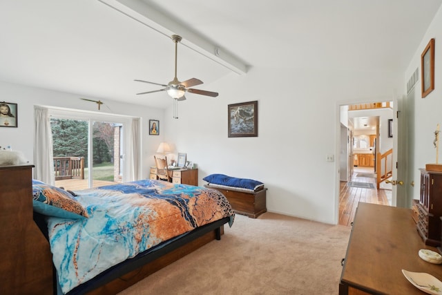 bedroom with a ceiling fan, visible vents, light carpet, access to exterior, and vaulted ceiling with beams