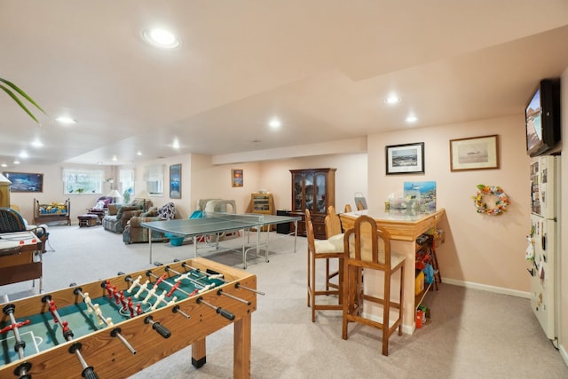 playroom featuring light carpet, baseboards, and recessed lighting