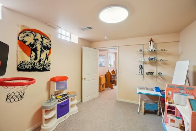 recreation room with visible vents, baseboards, and carpet floors