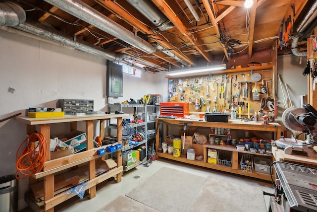 basement featuring electric panel and a workshop area