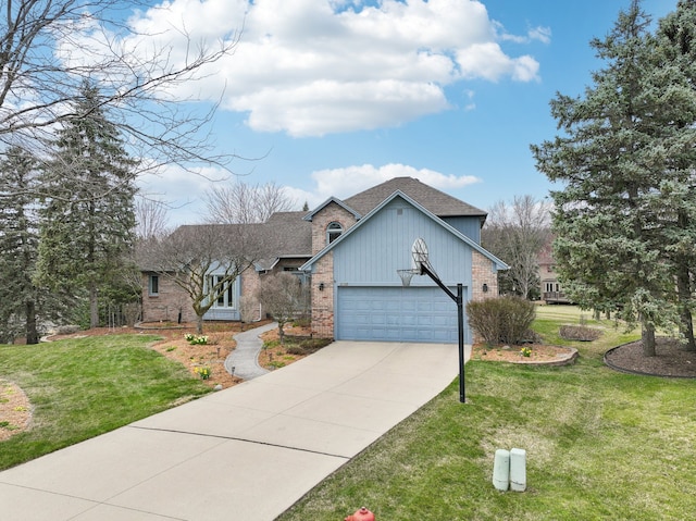 view of front of house with concrete driveway, roof with shingles, a front lawn, brick siding, and a garage