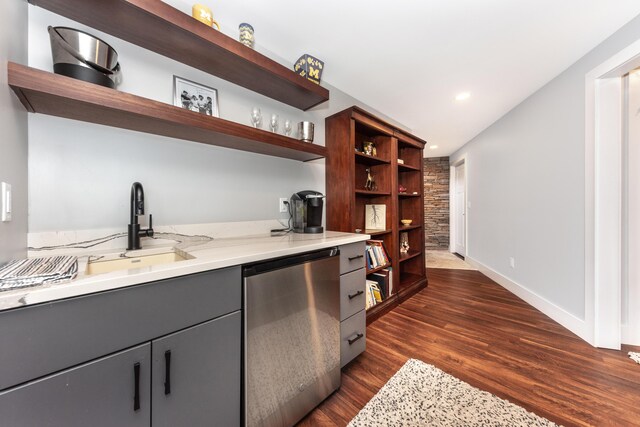 10485 Hadley Rd, Gregory, MI 48137 - kitchen featuring a sink, open shelves, dishwasher, and dark wood-style floors