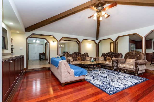 46498 Houghton Dr, Shelby, MI 48315 - living area featuring arched walkways, ceiling fan with notable chandelier, dark wood finished floors, and vaulted ceiling with beams