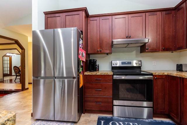 46498 Houghton Dr, Shelby, MI 48315 - kitchen featuring under cabinet range hood, dark brown cabinets, and appliances with stainless steel finishes