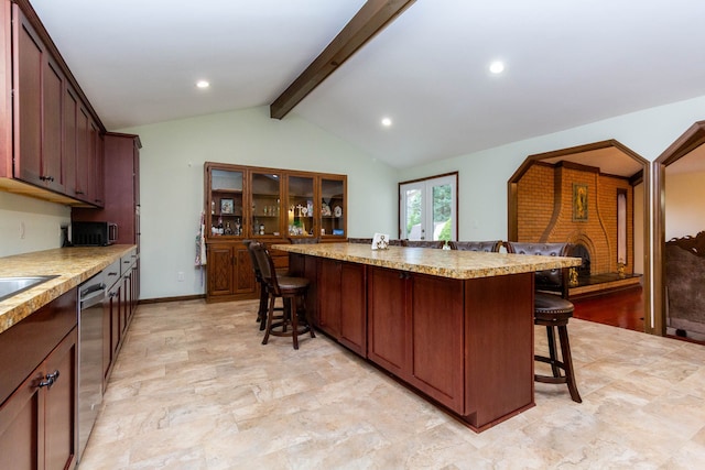 46498 Houghton Dr, Shelby, MI 48315 - kitchen featuring stainless steel dishwasher, a kitchen island, a breakfast bar, and lofted ceiling with beams