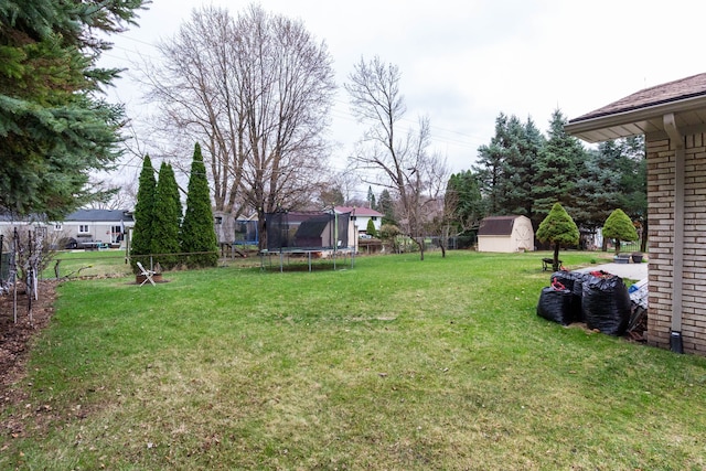 46498 Houghton Dr, Shelby, MI 48315 - view of yard featuring an outdoor structure, a fenced backyard, a trampoline, and a storage unit