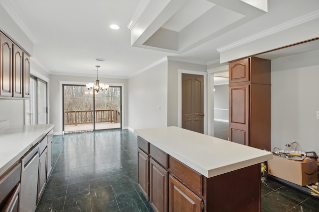 4489 Cranbrook Trl, Orchard Lake, MI 48323 - kitchen with a notable chandelier, ornamental molding, light countertops, a kitchen island, and stainless steel dishwasher