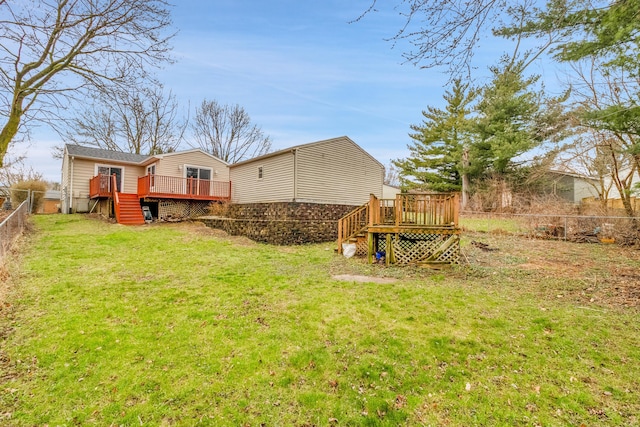view of yard with stairway, a deck, and a fenced backyard