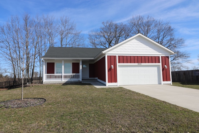 ranch-style house featuring board and batten siding, covered porch, a front lawn, a garage, and concrete driveway
