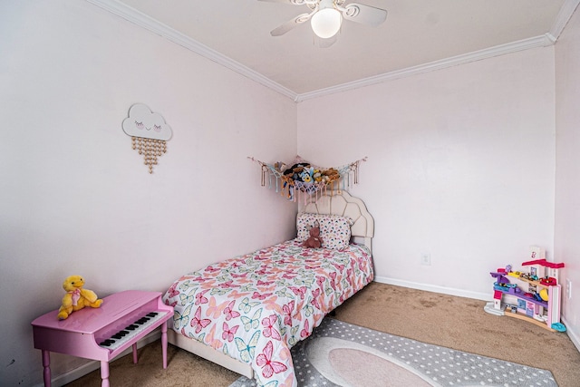 bedroom with crown molding, carpet, baseboards, and ceiling fan