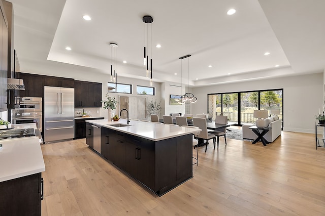 49351 Villa Dr, Novi, MI 48374 - kitchen with a raised ceiling, stainless steel appliances, open floor plan, light countertops, and recessed lighting