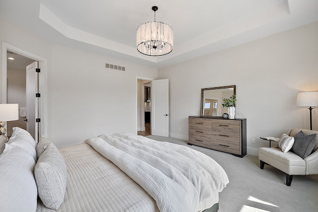 49351 Villa Dr, Novi, MI 48374 - bedroom with a chandelier, a tray ceiling, light carpet, and baseboards