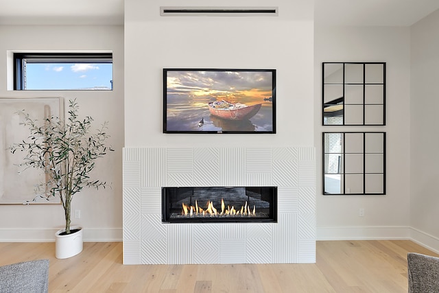 49351 Villa Dr, Novi, MI 48374 - detailed view of wood finished floors, a glass covered fireplace, and baseboards