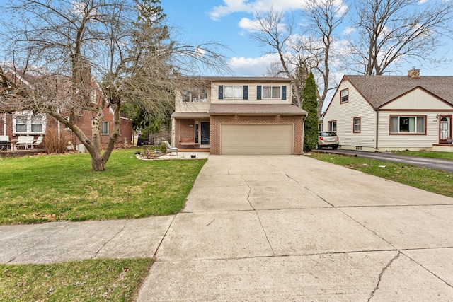 view of front of home with driveway, a front yard, a garage, and brick siding