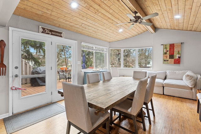 sunroom / solarium featuring lofted ceiling with beams, recessed lighting, wood finished floors, and wood ceiling