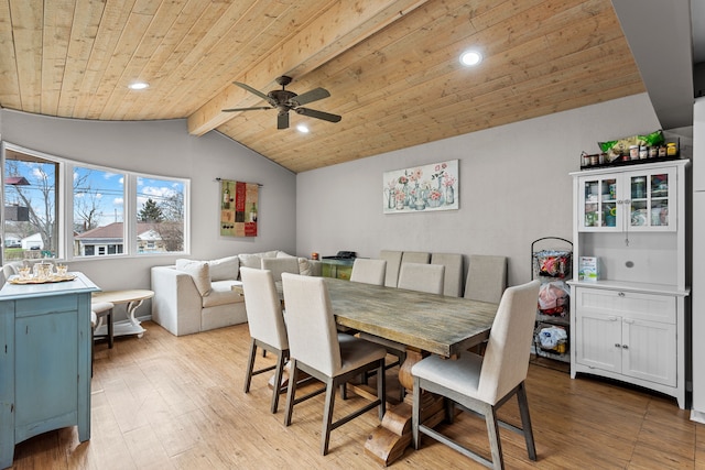 dining area featuring wood ceiling, vaulted ceiling with beams, a ceiling fan, and wood finished floors