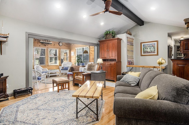living area featuring recessed lighting, light wood-style flooring, vaulted ceiling with beams, and ceiling fan