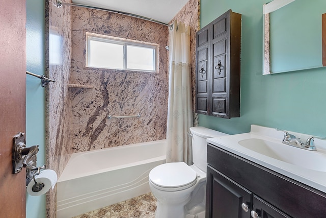 bathroom with toilet, shower / tub combo with curtain, and vanity