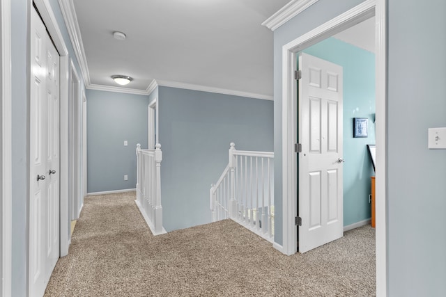 316 Lenox Ln, Brighton, MI 48114 - hallway with ornamental molding, an upstairs landing, and carpet flooring