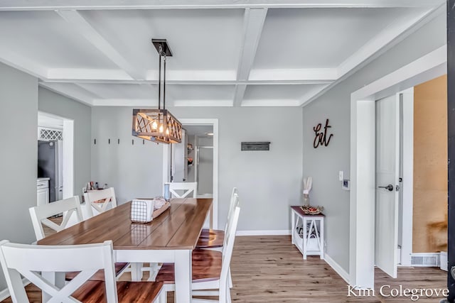 dining space with baseboards, an inviting chandelier, light wood-style flooring, beam ceiling, and coffered ceiling