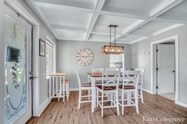 dining room featuring light wood-style flooring, baseboards, beamed ceiling, and coffered ceiling