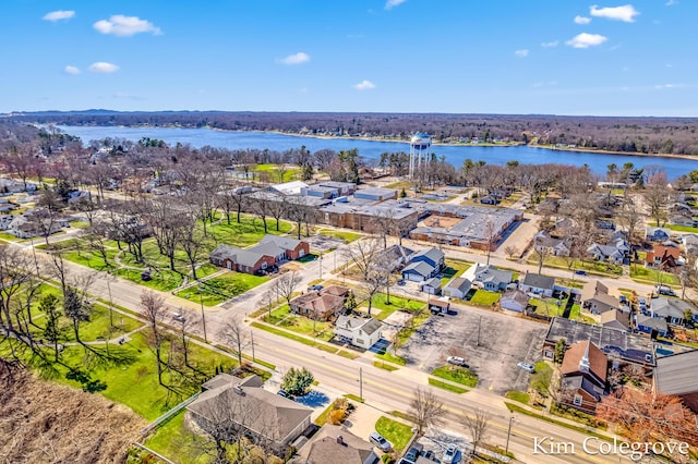 aerial view featuring a water view and a residential view