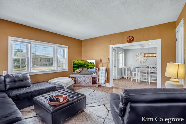 living room with a textured ceiling, wood finished floors, and baseboards