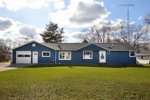 11391 Wing Dr, Clio, MI 48420 - ranch-style house with a front yard, an attached garage, a shingled roof, and driveway